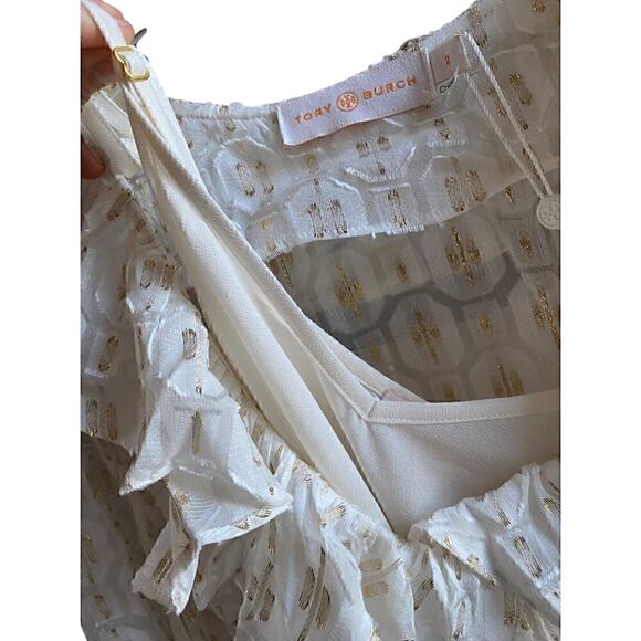 Tory Burch Jasmine Metallic Ruffle Dress 2 Piece with Slip in Ivory & Gold - Picture 6 of 10